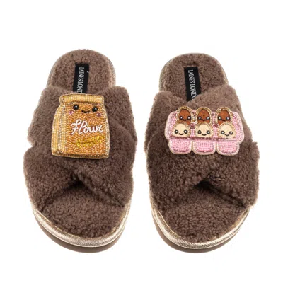 Laines London Women's Brown / Neutrals Laines Boucle Slippers With Laines Lovables Egg & Flour Brooches - Mink
