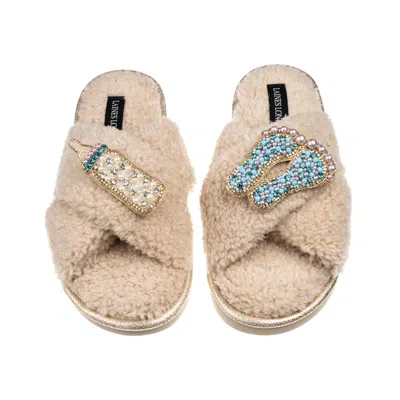 Laines London Women's Brown / Neutrals Laines Boucle Slippers With Laines Loveables Blue Love & Baby Grow Brooches
