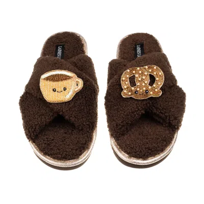 Laines London Women's Brown / Neutrals Laines Boucle Slippers With Laines Loveables Hot Chocolate & Pretzel Brooch
