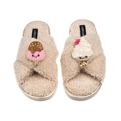 Laines London Women's Brown / Neutrals Laines Boucle Slippers With Laines Loveables Ice Lolly & Ice Cream Brooches