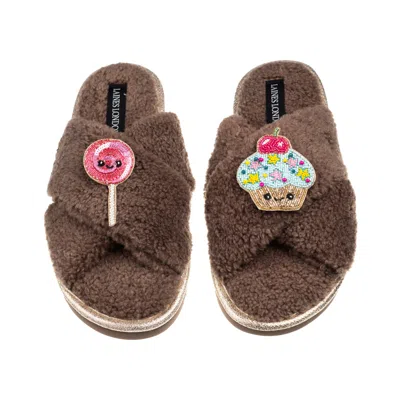 Laines London Women's Brown / Neutrals Laines Boucle Slippers With Laines Loveables Lollipop & Cupcake Brooches - 