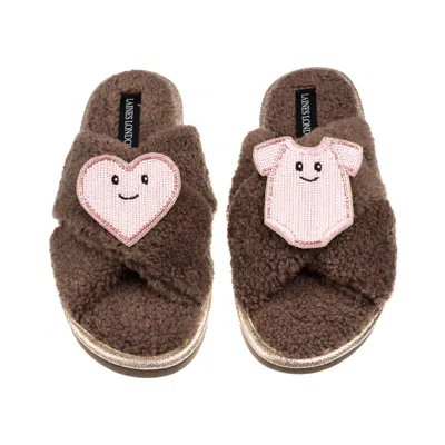 Laines London Women's Brown / Neutrals Laines Boucle Slippers With Laines Loveables Pink Love & Baby Grow Brooches