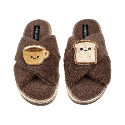 Laines London Women's Brown / Neutrals Laines Boucle Slippers With Laines Loveables Tea & Toast Brooches - Mink