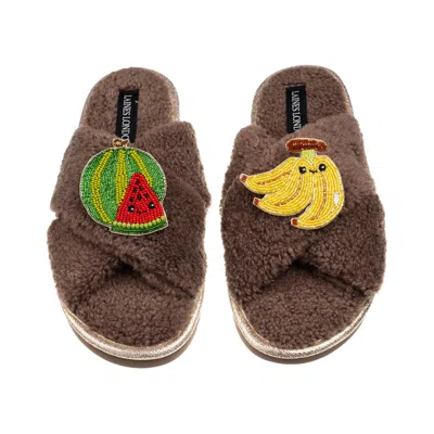 Laines London Women's Brown / Neutrals Laines Boucle Slippers With Laines Loveables Watermelon & Banana Brooches -