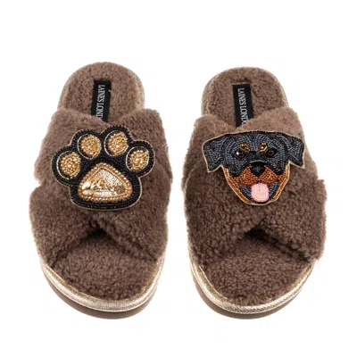 Laines London Women's Brown / Neutrals Laines Boucle Slippers With Paw & Rottweiler Brooches - Mink