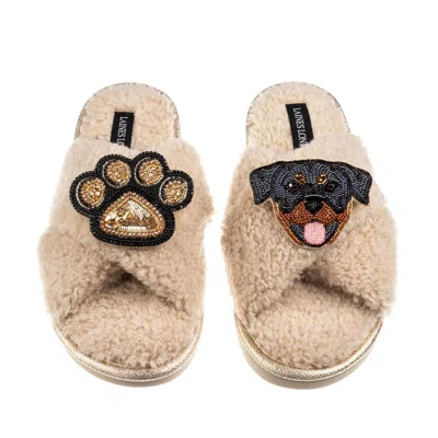 Laines London Women's Brown / Neutrals Laines Boucle Slippers With Paw & Rottweiler Brooches - Oatmeal