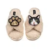 Laines London Women's Brown / Neutrals Laines Netural Boucle Slippers With Black & White Cat & Paw Brooches - Oatm