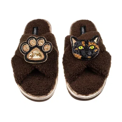 Laines London Women's Brown / Neutrals Laines Netural Boucle Slippers With Tortoise Shell Cat & Paw Brooches - Cho