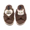 Laines London Women's Brown / Neutrals Laines Netural Boucle Slippers With White Cat & Cat Mum / Mom Brooches - Mi