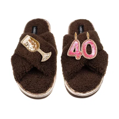 Laines London Women's Brown / Neutrals Laines Neutral Boucle Slippers With 40th Birthday & Champers Brooches - Min