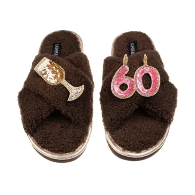 Laines London Women's Brown / Neutrals Laines Neutral Boucle Slippers With 60th Birthday & Champers Brooches - Cho