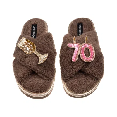 Laines London Women's Brown / Neutrals Laines Neutral Boucle Slippers With 70th Birthday & Champers Brooches - Min