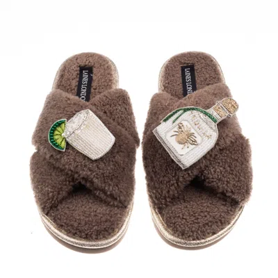 Laines London Women's Brown / Neutrals Laines Neutral Boucle Slippers With Agave Tequila Brooches - Mink