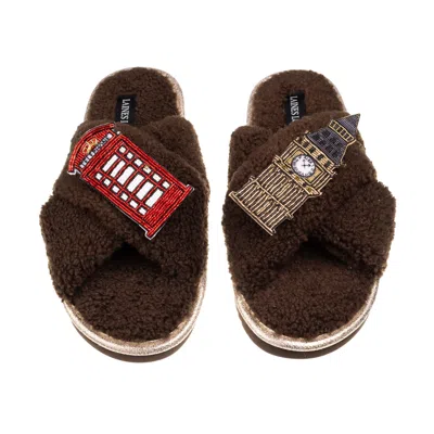 Laines London Women's Brown / Neutrals Laines Neutral Boucle Slippers With Big Ben & Red Phone Box Brooches - Choc