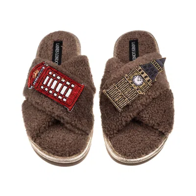 Laines London Women's Brown / Neutrals Laines Neutral Boucle Slippers With Big Ben & Red Phone Box Brooches - Mink