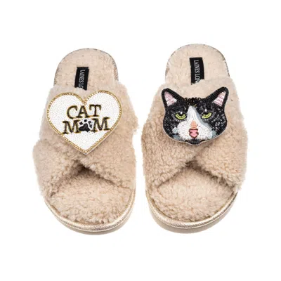 Laines London Women's Brown / Neutrals Laines Neutral Boucle Slippers With Black & White Cat & Cat Mum/mom Brooche
