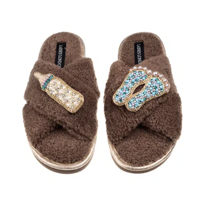 Laines London Women's Brown / Neutrals Laines Neutral Boucle Slippers With Blue New Baby Boy Brooches - Mink