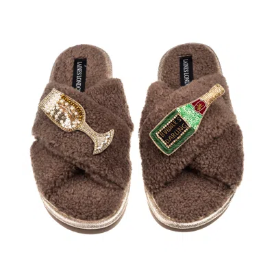Laines London Women's Brown / Neutrals Laines Neutral Boucle Slippers With Bubbles Darling Brooches - Mink