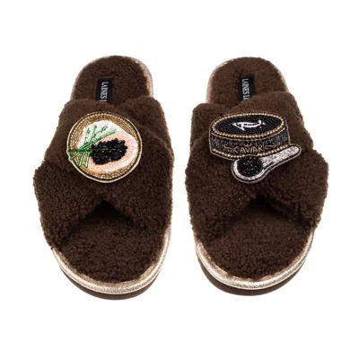 Laines London Women's Brown / Neutrals Laines Neutral Boucle Slippers With Caviar & Blini Brooches - Chocolate