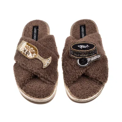 Laines London Women's Brown / Neutrals Laines Neutral Boucle Slippers With Caviar & Glass Of Champers Brooches - M
