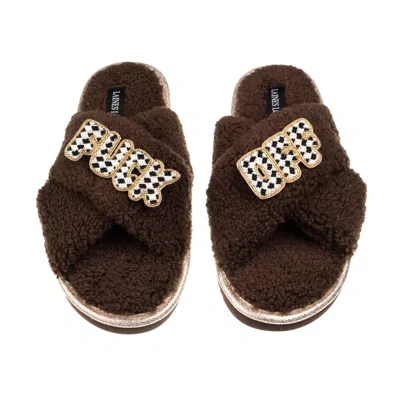 Laines London Women's Brown / Neutrals Laines Neutral Boucle Slippers With Chequered Fuck Off Brooches - Chocolate