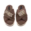 Laines London Women's Brown / Neutrals Laines Neutral Boucle Slippers With Chequered Fuck Off Brooches - Mink