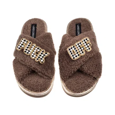 Laines London Women's Brown / Neutrals Laines Neutral Boucle Slippers With Chequered Fuck Off Brooches - Mink