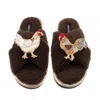 Laines London Women's Brown / Neutrals Laines Neutral Boucle Slippers With Chicken & Cockrel Brooches - Chocolate In Brown
