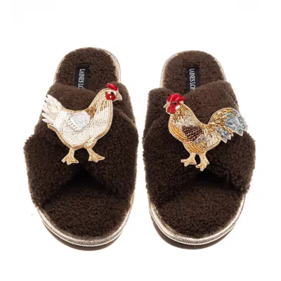 Laines London Women's Brown / Neutrals Laines Neutral Boucle Slippers With Chicken & Cockrel Brooches - Chocolate