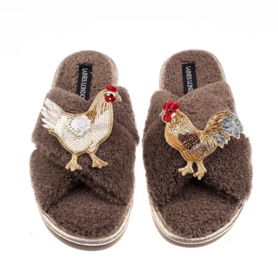 Laines London Women's Brown / Neutrals Laines Neutral Boucle Slippers With Chicken & Cockrel Brooches - Mink