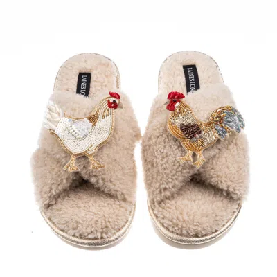 Laines London Women's Brown / Neutrals Laines Neutral Boucle Slippers With Chicken & Cockrel Brooches - Oatmeal