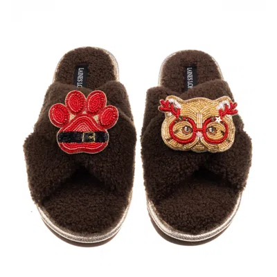 Laines London Women's Brown / Neutrals Laines Neutral Boucle Slippers With Christmas Golden British Shorthair Cat 