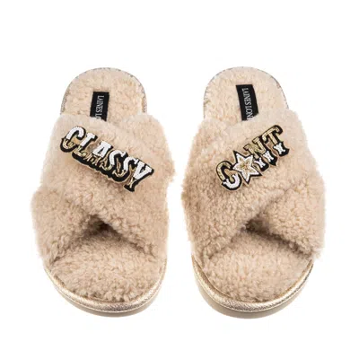 Laines London Women's Brown / Neutrals Laines Neutral Boucle Slippers With Classy Cunt Brooches - Oatmeal