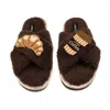 Laines London Women's Brown / Neutrals Laines Neutral Boucle Slippers With Coffee & Croissant Brooches - Chocolate