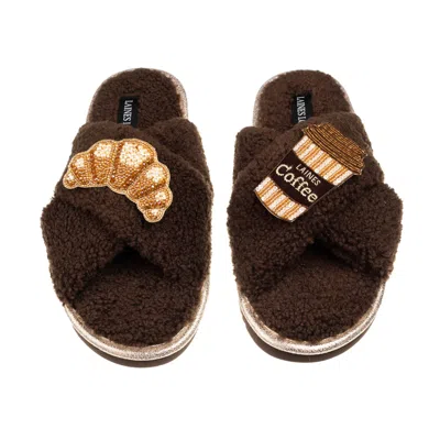 Laines London Women's Brown / Neutrals Laines Neutral Boucle Slippers With Coffee & Croissant Brooches - Chocolate