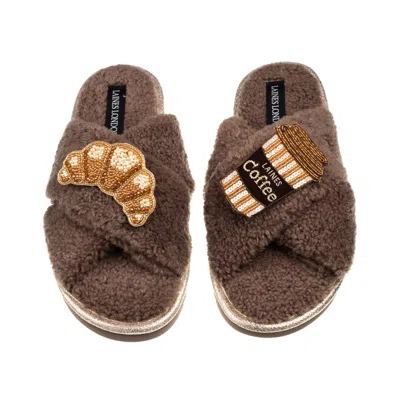 Laines London Women's Brown / Neutrals Laines Neutral Boucle Slippers With Coffee & Croissant Brooches - Mink
