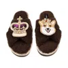 Laines London Women's Brown / Neutrals Laines Neutral Boucle Slippers With Corgi & Crown Brooches - Chocolate