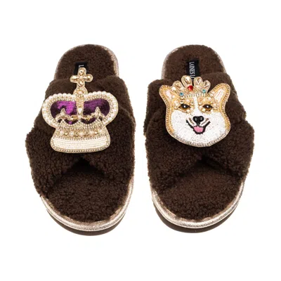 Laines London Women's Brown / Neutrals Laines Neutral Boucle Slippers With Corgi & Crown Brooches - Chocolate