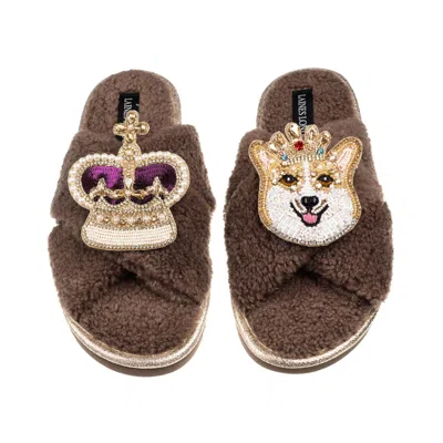 Laines London Women's Brown / Neutrals Laines Neutral Boucle Slippers With Corgi & Crown Brooches - Mink