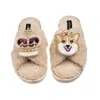 Laines London Women's Brown / Neutrals Laines Neutral Boucle Slippers With Corgi & Crown Brooches - Oatmeal