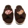 Laines London Women's Brown / Neutrals Laines Neutral Boucle Slippers With Cowgirl Hat & Cowgirl Boots Brooches -  In Brown