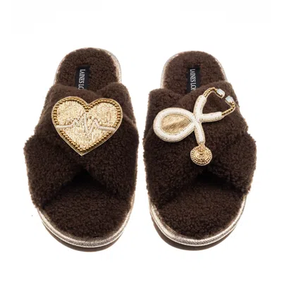 Laines London Women's Brown / Neutrals Laines Neutral Boucle Slippers With Doctor Brooches - Chocolate