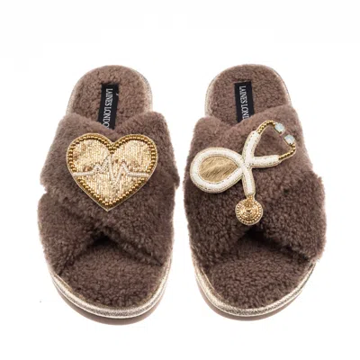 Laines London Women's Brown / Neutrals Laines Neutral Boucle Slippers With Doctor Brooches - Mink