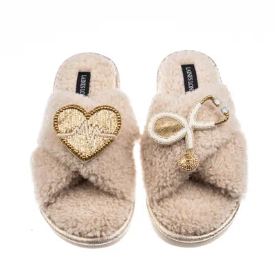 Laines London Women's Brown / Neutrals Laines Neutral Boucle Slippers With Doctor Brooches - Oatmeal