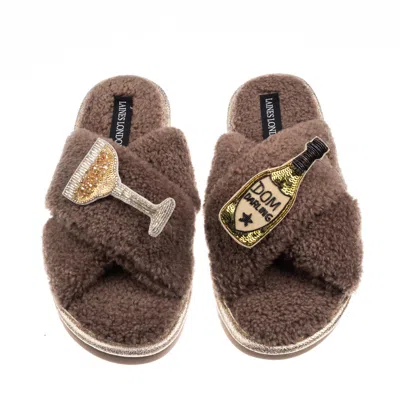 Laines London Women's Brown / Neutrals Laines Neutral Boucle Slippers With Dom Darling Champagne Brooches - Mink