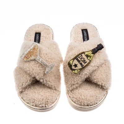 Laines London Women's Brown / Neutrals Laines Neutral Boucle Slippers With Dom Darling Champagne Brooches - Oatmea