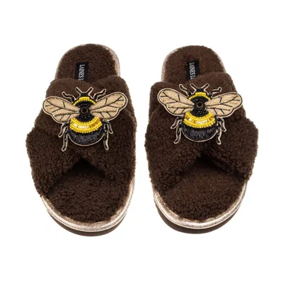 Laines London Women's Brown / Neutrals Laines Neutral Boucle Slippers With Double Honeybee Brooches - Chocolate