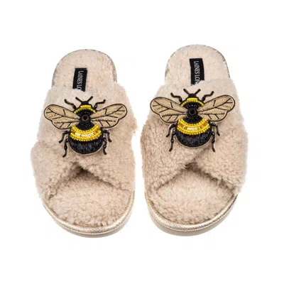 Laines London Women's Brown / Neutrals Laines Neutral Boucle Slippers With Double Honeybee Brooches - Oatmeal