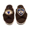 Laines London Women's Brown / Neutrals Laines Neutral Boucle Slippers With Double Love & Heart Eye Brooches - Choc