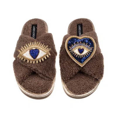 Laines London Women's Brown / Neutrals Laines Neutral Boucle Slippers With Double Love & Heart Eye Brooches - Mink